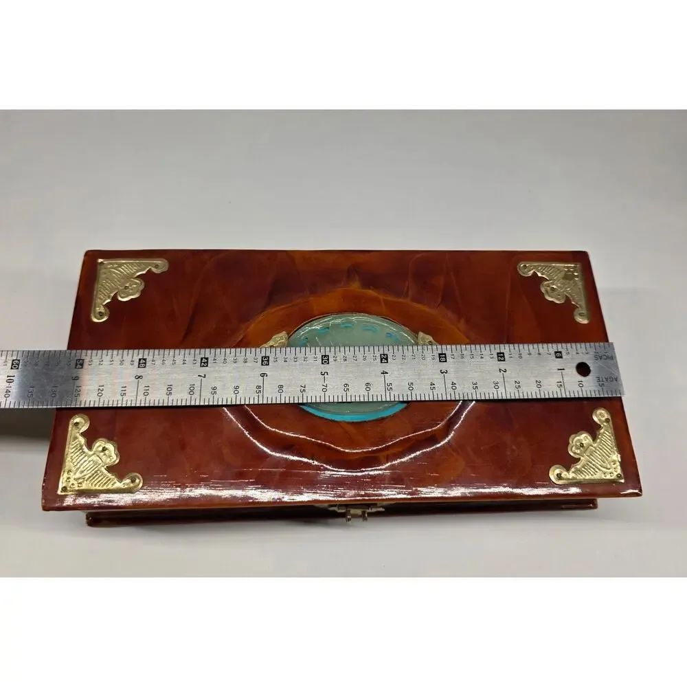 Vintage Chinese Wooden Jewelry Box Brass Hardware Jade Stone Inlay Red Lined